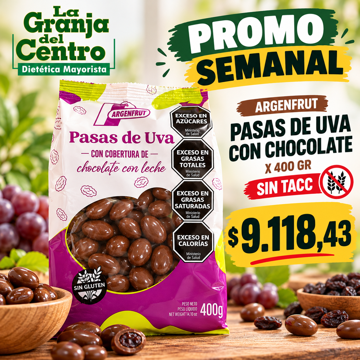 Ofertas y Promociones ARGENFRUT - PASAS DE UVAS CON CHOCOLATE X 400GR SIN TACC promo semanal